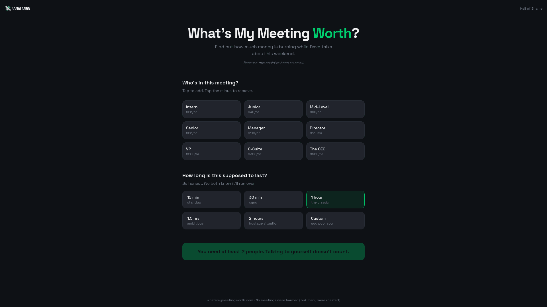 Screenshot of whatsmymeetingworth.com
